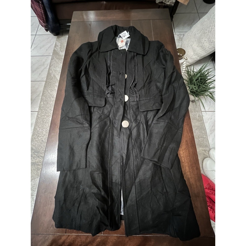 Tulle Women's Small Blend Button Front Black Long Length Coat Jacket Vintage
